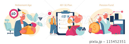 Retirement Planning set. Navigating the golden years with strategic financial planning from 401(k) to pension funds. Retirement Planning set. Navigating the golden years with strategic financial planning from 401(k) to pension funds. 115452351