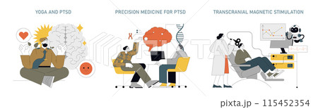 PTSD prevention set. Therapeutic practices and advanced treatments for first responders. Meditation for mental health, genetic testing, brain stimulation therapy. Vector illustration. PTSD prevention set. Therapeutic practices and advanced treatments for first responders. Meditation for mental health, genetic testing, brain stimulation therapy. Vector illustration. 115452354