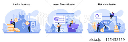Capital Gain set. Building wealth through capital increase, diversifying assets, and minimizing risks. Strategies for financial stability and growth. Flat vector illustration Capital Gain set. Building wealth through capital increase, diversifying assets, and minimizing risks. Strategies for financial stability and growth. Flat vector illustration 115452359