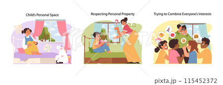 Personal space and interests set. Janusz Korczak How to Love a Child book. Valuing childs privacy, property rights, and decision making. Harmonizing individual needs with family dynamics. Flat vector 115452372