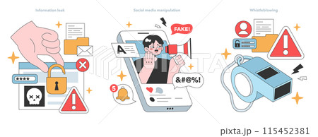 Digital Threats set. Information leak with a security breach, deceitful social media misinformation, and a bold act of whistleblowing. Contemporary dangers in the online era. Flat vector illustration Digital Threats set. Information leak with a security breach, deceitful social media misinformation, and a bold act of whistleblowing. Contemporary dangers in the online era. Flat vector illustration 115452381