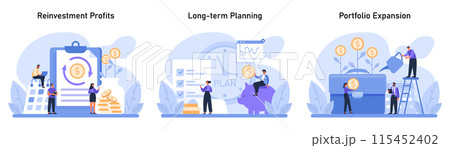 Capital Gain set. Showcasing reinvestment profits, importance of long-term planning, and strategies for portfolio expansion. Flat vector illustration 115452402
