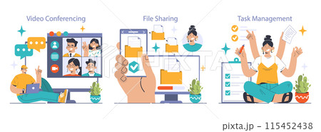 Collaboration tools set. Business characters attending online webinars, texting and sharing files. Employee collaboration. Effective teamwork, digital communication. Flat vector illustration Collaboration tools set. Business characters attending online webinars, texting and sharing files. Employee collaboration. Effective teamwork, digital communication. Flat vector illustration 115452438