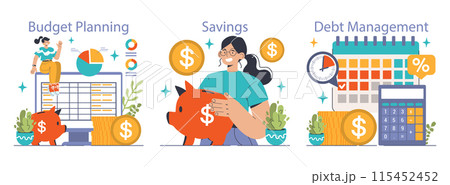 Financial Literacy set. Practical budgeting, consistent saving habits and smart debt handling. Finance, savings, planning. Flat vector illustration 115452452
