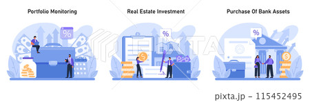 Asset Management Trio set. Tracking portfolio performance, exploring real estate investment opportunities, and engaging in bank asset acquisitions. A comprehensive financial strategy. Flat vector. 115452495