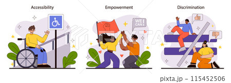 Inclusive Society set. Depicting supportive embrace, equal opportunities, and cultural diversity. Celebrating unity, global fairness, and varied abilities. Advocacy vector illustration. 115452506