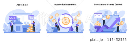 Financial Growth set. Navigating asset liquidation, reinvesting for cash flow enhancement, and maximizing investment income potential. Strategic wealth accumulation visualized. Flat vector. Financial Growth set. Navigating asset liquidation, reinvesting for cash flow enhancement, and maximizing investment income potential. Strategic wealth accumulation visualized. Flat vector. 115452533