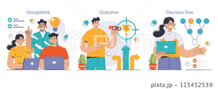 Decision-making set. Strategic thinking, brainstorming and solution research. Multiple options dilemma. Pros and cons , risk and benefits analysis. Flat vector illustration 115452539