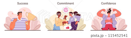 Success, Commitment and Confidence set. Jubilant expressions of victory, heartfelt pledges, and bold self assurance. Chronicles of triumph, loyal bonds and self esteem. Flat vector illustration Success, Commitment and Confidence set. Jubilant expressions of victory, heartfelt pledges, and bold self assurance. Chronicles of triumph, loyal bonds and self esteem. Flat vector illustration 115452541