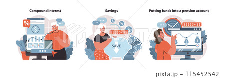 Financial Growth Trio. Harnessing compound interest, smart savings tactics, and pension funding for secure retirement. Flat vector illustration. Financial Growth Trio. Harnessing compound interest, smart savings tactics, and pension funding for secure retirement. Flat vector illustration. 115452542