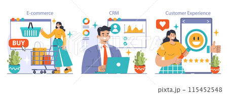 Business Operations set. Digital shopping with E-commerce, strategic planning with CRM, and consumer feedback in Customer Experience. Online sales, data analytics positive reviews. vector illustration 115452548