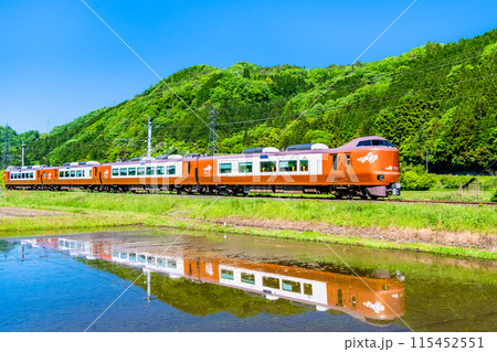 伯備線 特急やくも　新緑の水田を走る273系（根雨－黒坂） 115452551