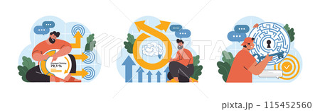 Thinking Concepts set. Man analyzes divergent thinking percentage, connects neural pathways, unlocks a cognitive maze. Brain's agility, out-of-the-box solutions. Flat vector illustration 115452560