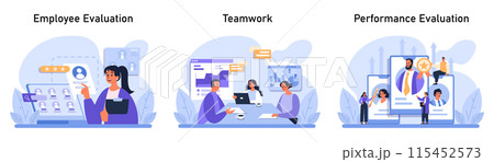 Corporate Evaluation set. Insightful feedback on employee, collaborative workspace dynamics, and recognizing top-performing talents. Evaluation, teamwork, and performance appraisal. Flat vector. 115452573