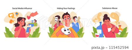 Pressure on teenagers set. Teens navigating societal judgments, exploring self-worth, academic hurdles, and societal influences. Body image concerns and parental expectations. Flat vector illustration 115452594