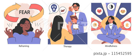 Overcoming fears set. Characters confronting fears with desensitization, reframing and exposure strategy. Psychological resilience with affirmations and visualization therapy. Flat vector illustration 115452595