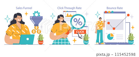 Digital Marketing set. Woman analyzes sales funnel, man inspects click-through metrics, analyzing bounce rate graph. Consumer behavior, user engagement, website performance. Flat vector illustration 115452598