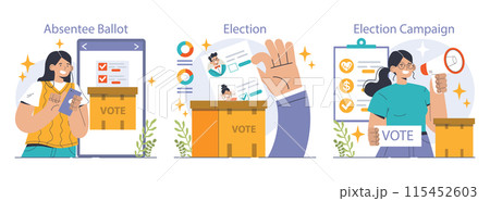 Election set. Democratic procedure, citizens choosing political party or candidate by the electoral process. Character checking a ballot on a referendum. Flat vector illustration Election set. Democratic procedure, citizens choosing political party or candidate by the electoral process. Character checking a ballot on a referendum. Flat vector illustration 115452603