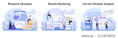 Business Analysis set. Teams navigating financial growth, monitoring performance, and evaluating current market trends. Resource allocation, results tracking, current situation assessment. Flat vector 115452604