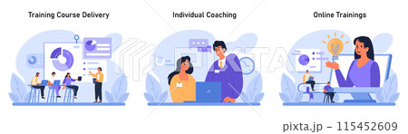 Professional Development set. Engaging training course delivery, tailored individual coaching, and interactive online trainings. Skill enhancement and growth opportunities. Flat vector illustration. 115452609