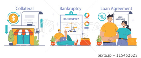 Financial Challenges Set. Exploring the journey from collateral through bankruptcy to a new loan agreement. Economic hurdles, recovery steps. Flat vector illustration 115452625