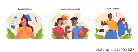 Adolescent Development set. Young individuals exploring career paths, leisure activities, and personal style. Decision-making in life stages. Flat vector illustration Adolescent Development set. Young individuals exploring career paths, leisure activities, and personal style. Decision-making in life stages. Flat vector illustration 115452627