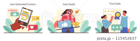 Social Proof concept. User engagement through content, detailed case studies, and accreditation with trust seals. Visual narrative of brand credibility. Flat vector illustration. 115452637