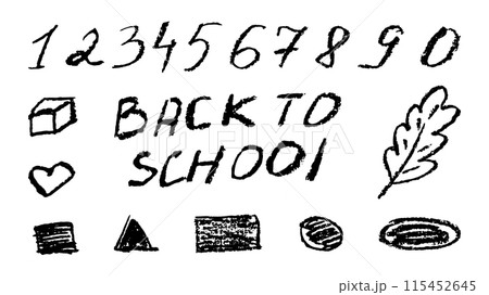Doodles with the texture of charcoal pencil. Set elements imitating child drawing. Numbers back to school geometric shapes. Doodles abstract shapes. Vector illustration. 115452645