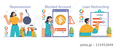 Financial Crisis set. Troubled individuals facing repossession, account blocking, and loan restructuring. Stress, uncertainty, solutions. Flat vector illustration 115452649
