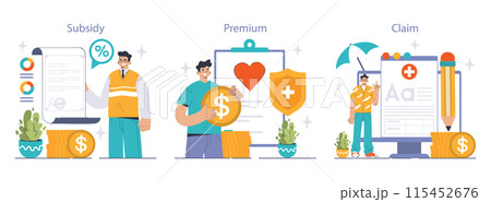 Insurance concept set. Exploring healthcare insurance with visuals on subsidy, premium payments, and claims processing. Engaging artwork demystifies policy details. Flat vector illustration Insurance concept set. Exploring healthcare insurance with visuals on subsidy, premium payments, and claims processing. Engaging artwork demystifies policy details. Flat vector illustration 115452676
