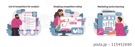 Competitive analysis series. Curated competitor checklist, in-depth rating studies, and marketing strategies learning. Strategic business insights set. Flat vector illustration. Competitive analysis series. Curated competitor checklist, in-depth rating studies, and marketing strategies learning. Strategic business insights set. Flat vector illustration. 115452690