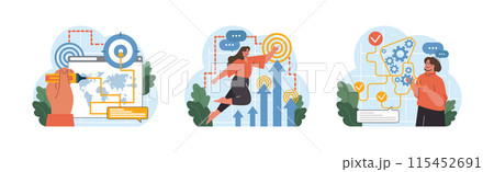 Digital Solutions set. Interactive technology touchpoints. Hand adjusts digital world, woman navigates data, man targets growth. Efficient strategies, smart solutions. Flat vector illustration Digital Solutions set. Interactive technology touchpoints. Hand adjusts digital world, woman navigates data, man targets growth. Efficient strategies, smart solutions. Flat vector illustration 115452691