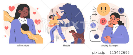 Overcoming fears set. Characters confronting fears with desensitization, reframing and exposure strategy. Psychological resilience with affirmations and visualization therapy. Flat vector illustration 115452693