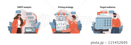 Business strategy set. Professionals evaluate SWOT, calculate pricing tactics, and analyze target demographics. Market penetration insights. Flat vector illustration 115452695