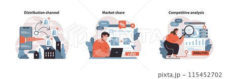 Business strategies set. Navigating distribution channels, determining market share through online data, and meticulous competitive analysis. Digital marketing tactics. Flat vector illustration 115452702