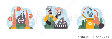Recycling set. Modern waste management practices. Hands presenting MRF facility, worker explaining process electronics in recycle bin. Waste segregation, responsible disposal. Flat vector illustration 115452734