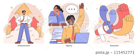 Empowerment set. Confident office employees, inclusive team collaboration. Worker autonomy in decision-making, business capacity building, task delegation. Flat vector illustration. 115452771