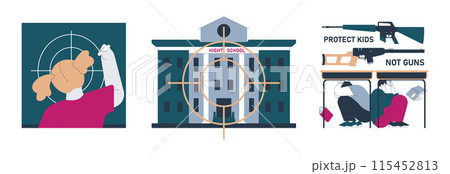 Gun control set. Second amendment ban. Weapon regulations law movement. Firearm violence. Mass shooting in public places and school. Flat vector illustration Gun control set. Second amendment ban. Weapon regulations law movement. Firearm violence. Mass shooting in public places and school. Flat vector illustration 115452813
