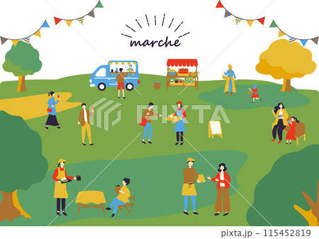 マルシェ　休日のマーケットで楽しむ人々 115452819