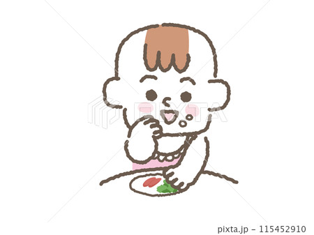 食べ物を掴んで食べている赤ちゃんのイラスト 115452910