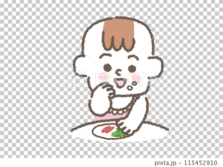 嬰兒抓取和吃食物的插圖 115452910