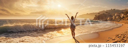 A woman on beach at sunset. 115453197