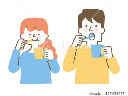 一緒に歯を磨いている男性と女性_色 一緒に歯を磨いている男性と女性_色 115453275