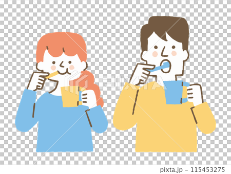 一緒に歯を磨いている男性と女性_色 一緒に歯を磨いている男性と女性_色 115453275