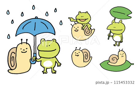 梅雨のキャラの緑色のかわいいカエルとカタツムリ 115453332