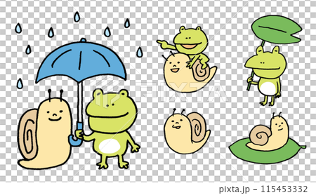 梅雨のキャラの緑色のかわいいカエルとカタツムリ 115453332