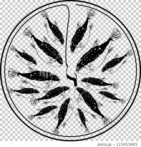 一大群河豚聚集在魚鉤上的插圖 一大群河豚聚集在魚鉤上的插圖 115453405