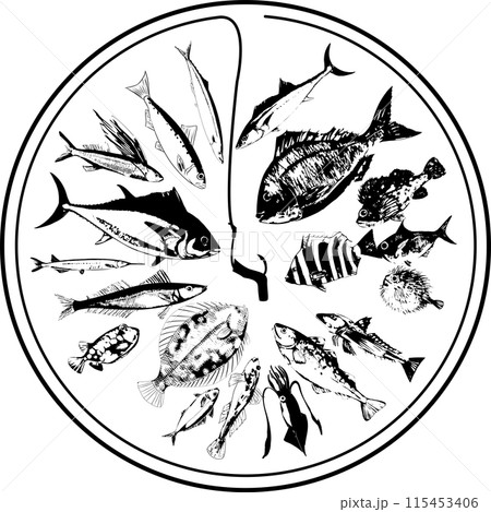 爆釣しそうな海の魚と釣り針のイラストセット 115453406