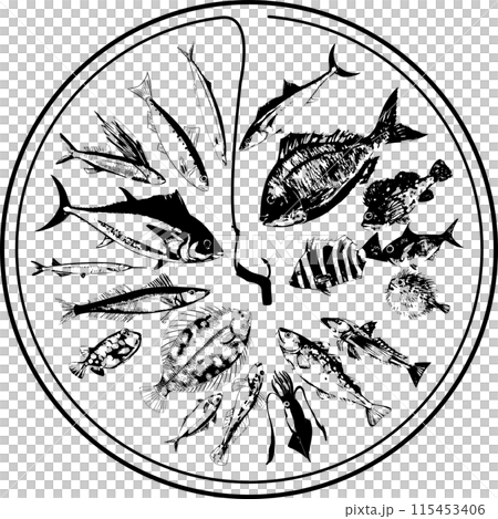 爆釣しそうな海の魚と釣り針のイラストセット 115453406