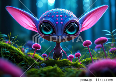 Animated purple alien with big blue eyes and pink ears. 115453466